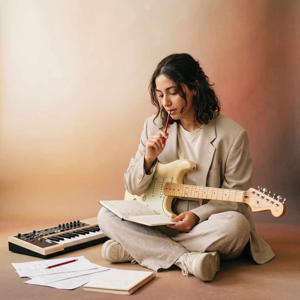 Musician sitting cross-legged with a guitar, notebooks and a keyboard