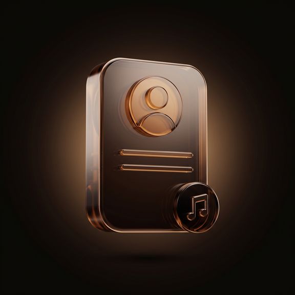 Glossy bronze 3D icon of an artist profile card with a music note