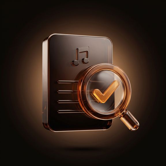 Glossy bronze 3D icon of a document with a magnifier and a check mark