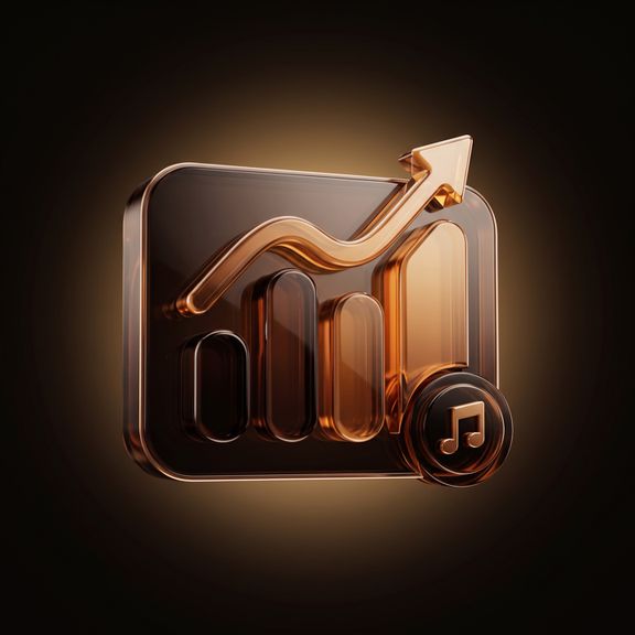 Glossy bronze 3D icon of a bar chart with a rising arrow and a music note